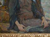 painting of a woman sitting on a rock by the water