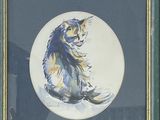 painting of a cat sitting in front of a blue background