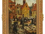 a painting of a street scene with a market scene in the foreground