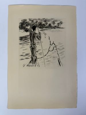 dessin représentant un homme debout sur une planche de paddle dans l'eau