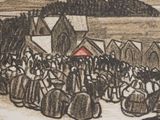 a drawing of a crowd of people standing in front of a building