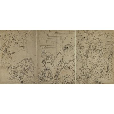two drawings of a group of people and animals in a forest