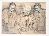 drawing of three men sitting at a table with papers in front of them