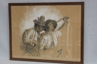 tableau représentant deux hommes et une femme tenant une arme à feu