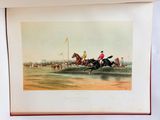 an image of a painting of a horse and rider jumping over a river