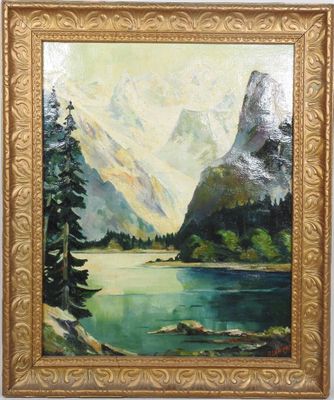 une peinture à l'huile représentant un paysage de montagne avec un lac et des pins