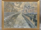 an oil painting of a man walking down a street next to a river