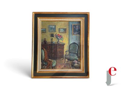 an image of a painting of a room with a chair and a vase of flowers