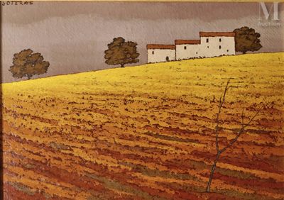 a picture of a painting of a farm with a house in the background