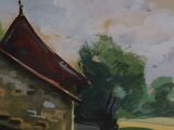an oil painting of a barn in a field with a tree in the foreground