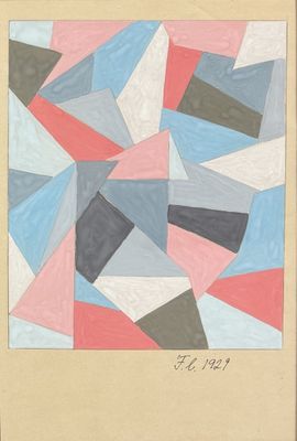 an image of a painting of a geometric design with blue, pink, and grey colors