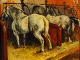 tableau représentant un groupe de chevaux dans une écurie, avec un homme à cheval à l'arrière-plan