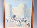 a picture of a painting of a group of penguins on the beach