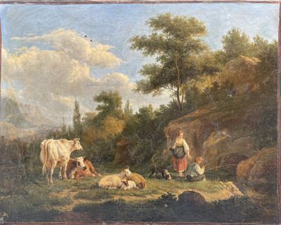 an image of a painting of a woman and two cows in a field