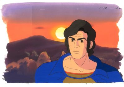 un dessin représentant un homme en chemise bleue debout devant un coucher de soleil