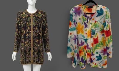 two mannequins dressed in different colors and patterns on a gray background