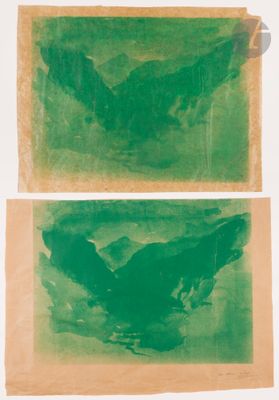 two green paintings of a bird on a white surface