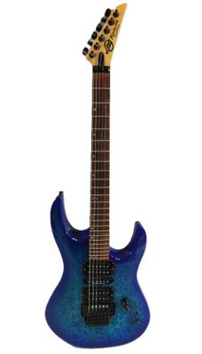 a close up of a blue electric guitar on a white background