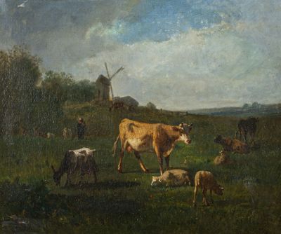 painting of cows grazing in a field with a windmill in the background