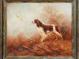 un tableau représentant un chien brun et blanc debout dans un champ