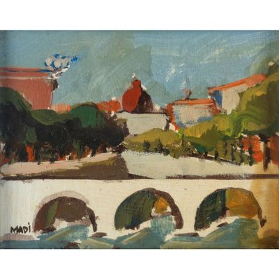 une peinture à l'huile représentant un pont sur une rivière avec un bâtiment à l'arrière-plan