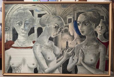 une photo d'un tableau représentant un groupe de femmes dans une pièce