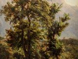 une image représentant un tableau où l'on voit deux arbres dans un paysage montagneux