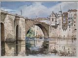 a painting of a bridge over a river with buildings in the background