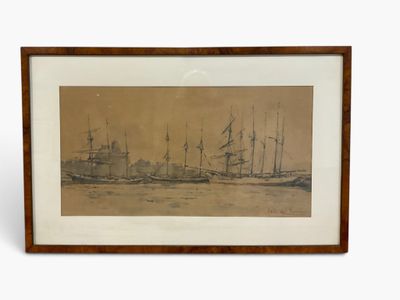 an old picture of three ships in a body of water