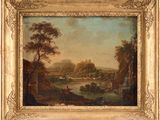 an oil painting of a landscape with a castle in the distance