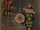 an image of a picture of a painting of a bird, umbrella, and other objects