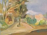 une peinture à l'huile représentant une route bordée d'arbres de chaque côté