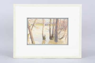 aquarelle encadrée représentant un homme et un chien dans une zone inondée