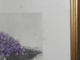a picture of a painting of a vase with purple flowers on it