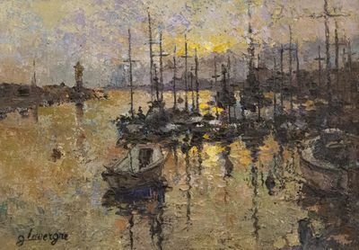 une peinture représentant une scène portuaire avec des bateaux dans l'eau