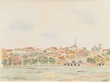 tableau représentant une vue d'une ville avec un pont enjambant une rivière