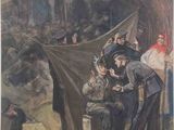 une image représentant un tableau où l'on voit un groupe de personnes rassemblées autour d'une tente