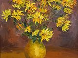 a painting of yellow flowers in a yellow vase on a table