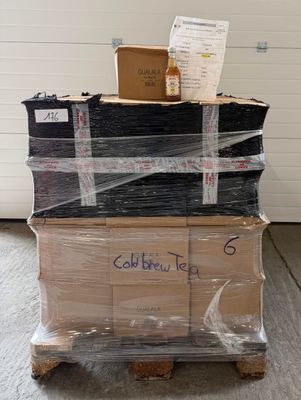 boxes stacked on top of each other on a pallet in a warehouse