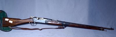 rifle on a white background with a brown handle and a green case