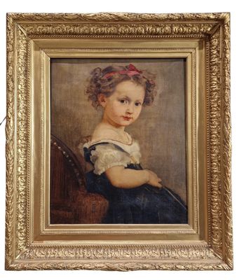 a painting of a young girl in a blue dress sitting on a chair