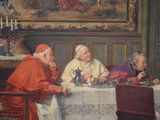 painting of a group of men sitting around a table eating food