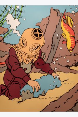 illustration représentant un homme en combinaison de plongée, avec un poisson en arrière-plan