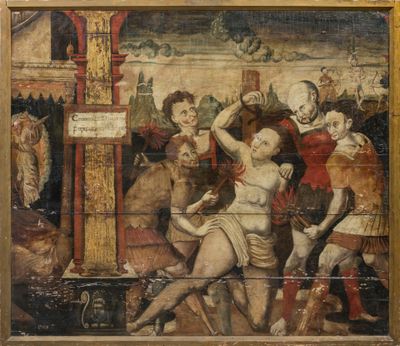 une image représentant un tableau où l'on voit un homme à cheval, entouré d'autres personnes