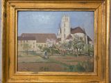 une peinture à l'huile représentant une église dans un champ, près d'un arbre