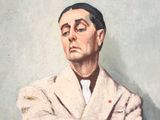 painting of a man in a white coat and tie with his arms crossed