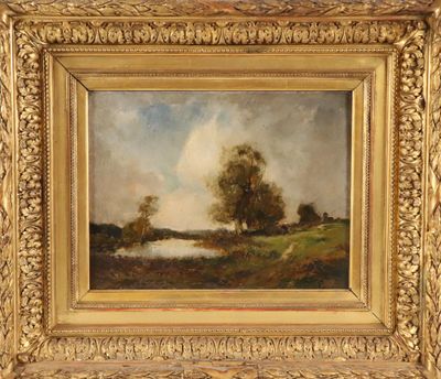 a painting of a landscape with trees and a river