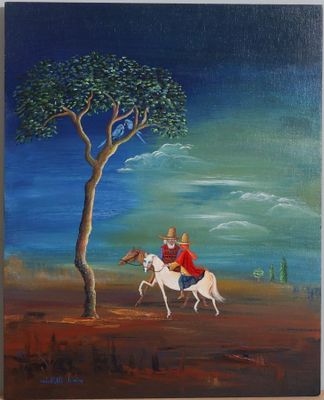 Michelle DURIX (XXème siècle) Cavaliers, les perroquets bleu…