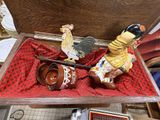 a small wooden box with a figurine of a chicken and a jar of honey