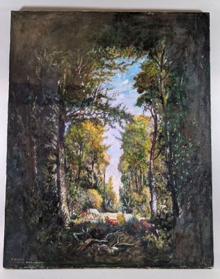 une peinture à l'huile représentant une scène forestière avec des moutons qui paissent au premier plan
